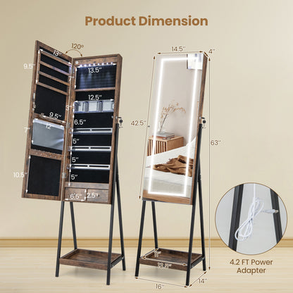 LED Jewelry Armoire with 3-Color Lighted Full-Length Mirror, Lockable Storage, and Standing Design – Rustic Brown