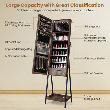 LED Jewelry Armoire with 3-Color Lighted Full-Length Mirror, Lockable Storage, and Standing Design – Rustic Brown