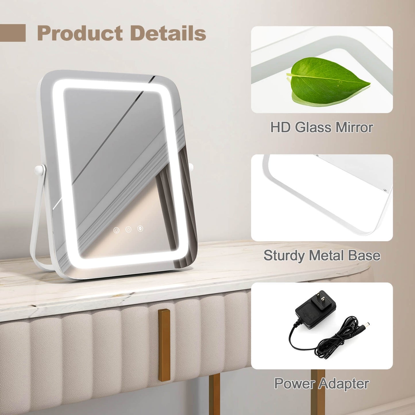 16 x 12 Inch LED Vanity Mirror with 3 Color Modes & Dimmable Lighting for Perfect Makeup - White