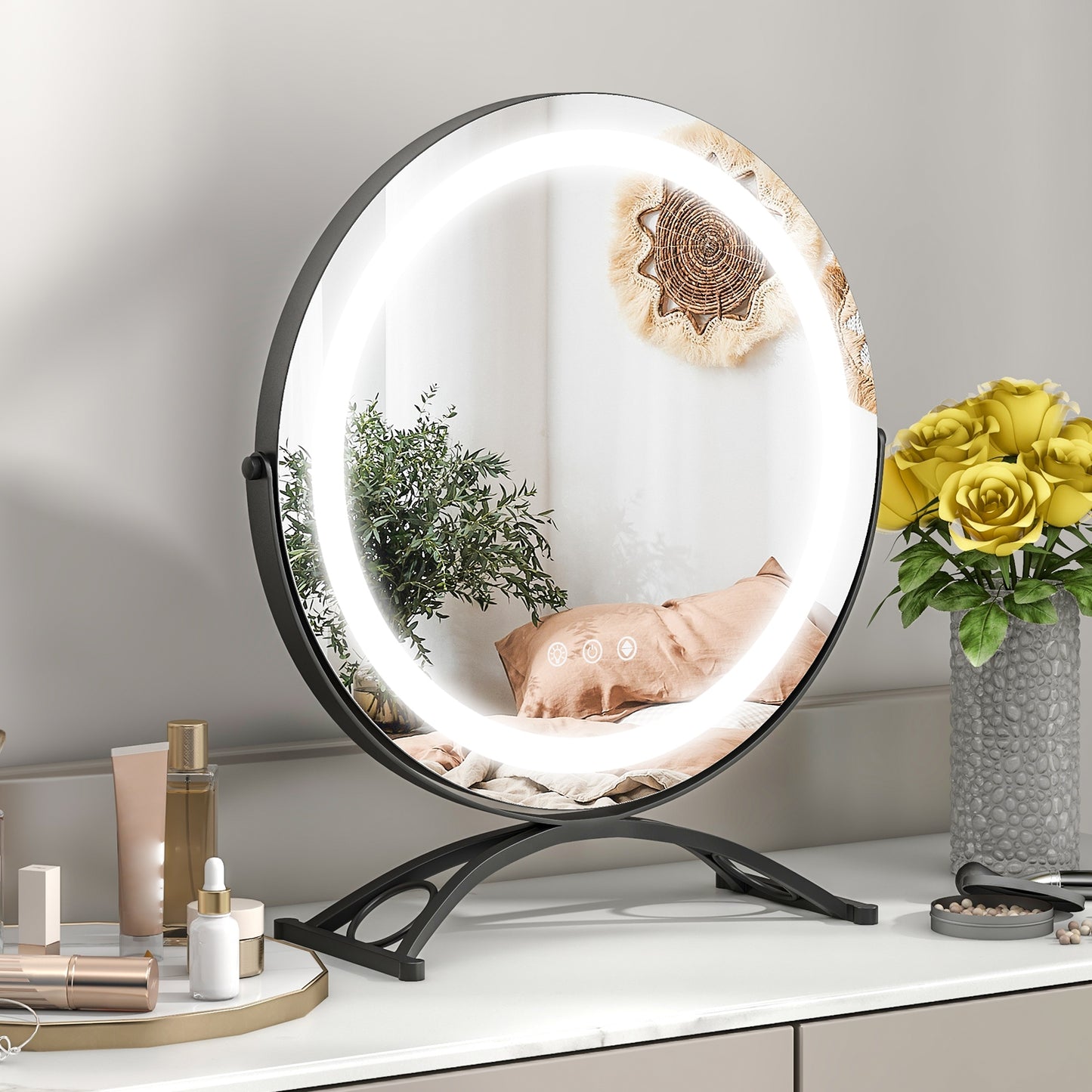 16 Inch Round LED Makeup Vanity Mirror with 3-Color Lighting, Dimmable Brightness, and Touch Controls – Black