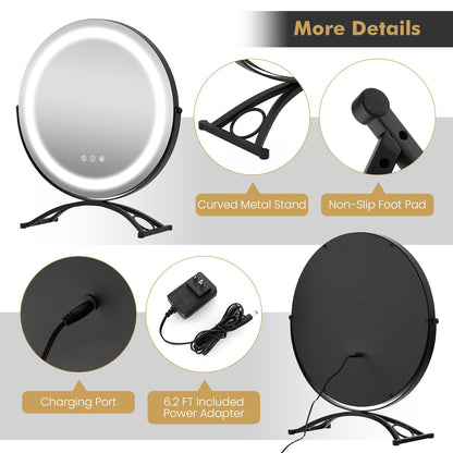 16 Inch Round LED Makeup Vanity Mirror with 3-Color Lighting, Dimmable Brightness, and Touch Controls – Black