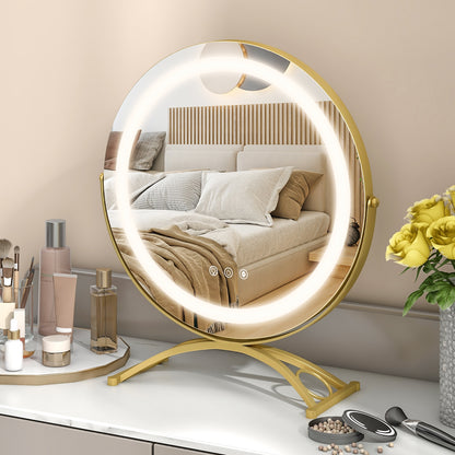 16 Inch Round LED Makeup Vanity Mirror with 3-Color Lighting, Dimmable Brightness, and Touch Controls – Golden