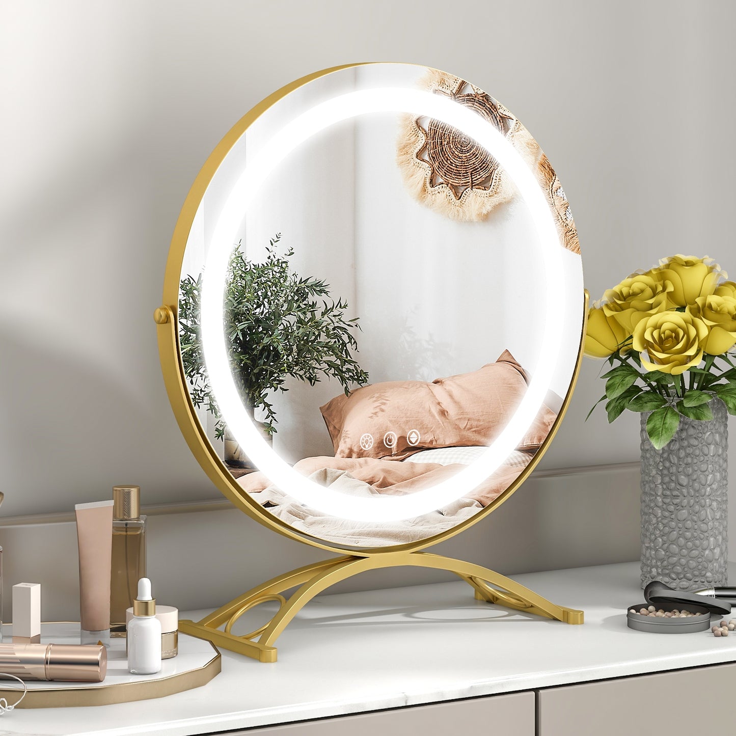 16 Inch Round LED Makeup Vanity Mirror with 3-Color Lighting, Dimmable Brightness, and Touch Controls – Golden