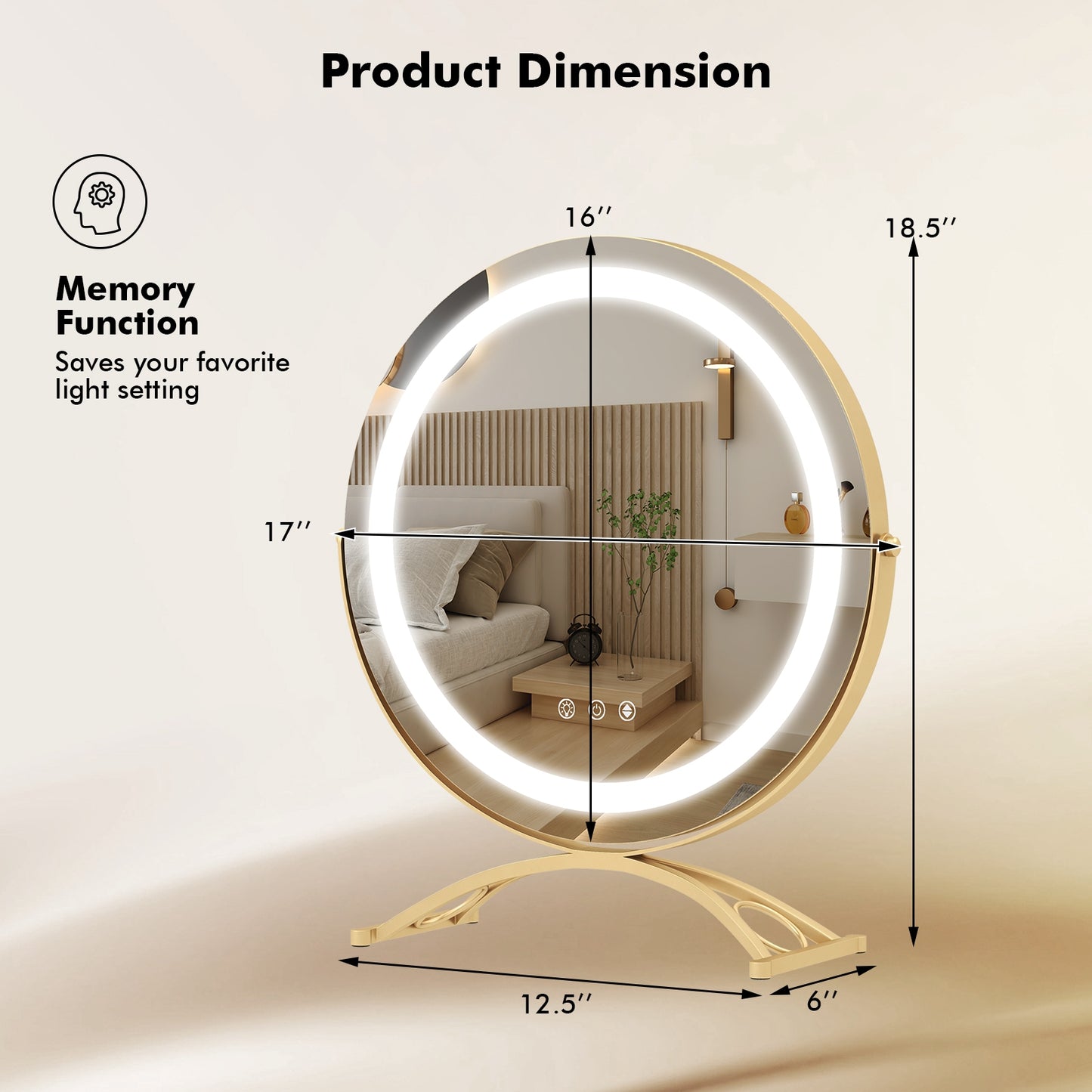 16 Inch Round LED Makeup Vanity Mirror with 3-Color Lighting, Dimmable Brightness, and Touch Controls – Golden