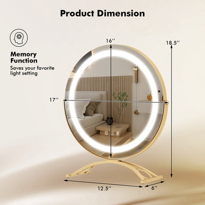 16 Inch Round LED Makeup Vanity Mirror with 3-Color Lighting, Dimmable Brightness, and Touch Controls – Golden
