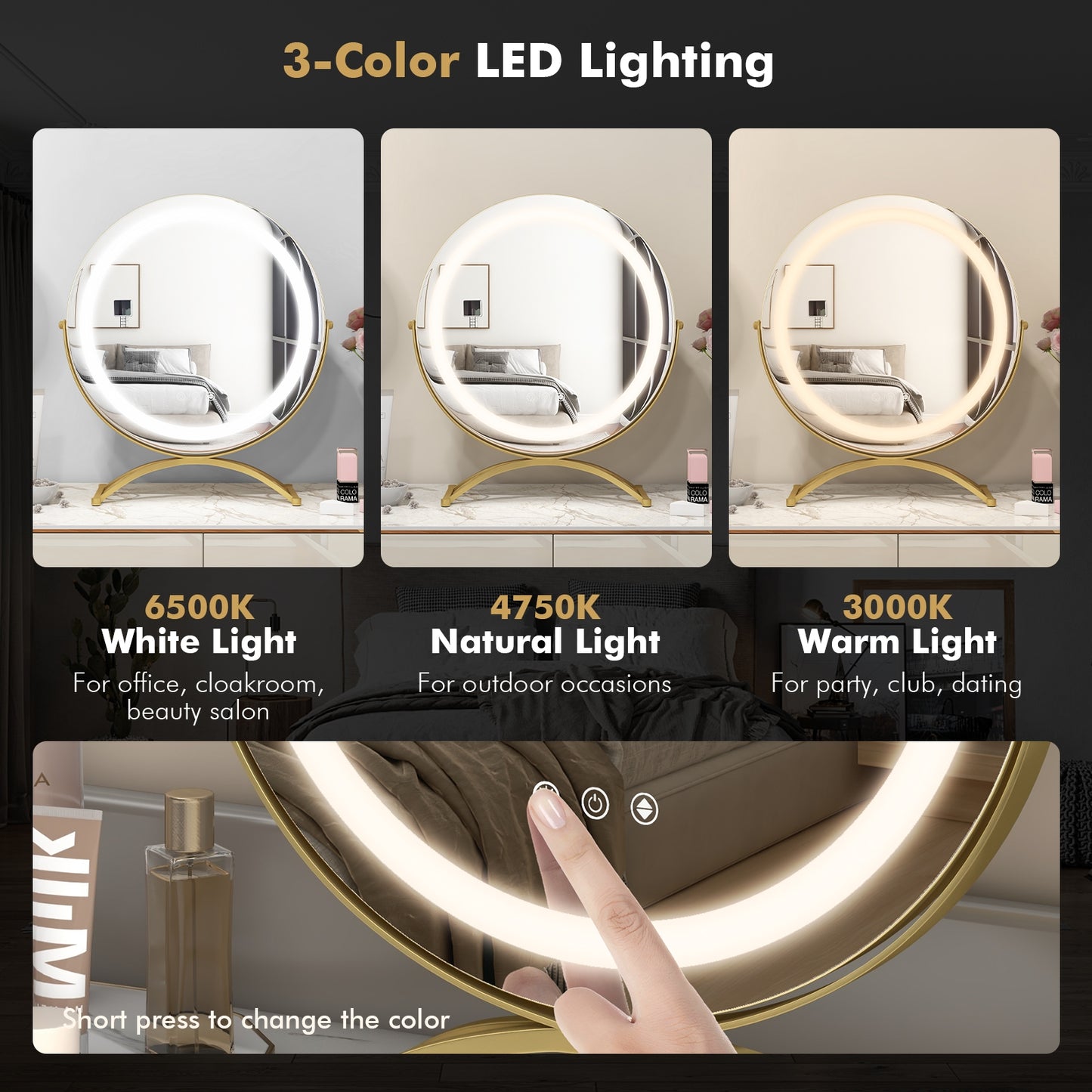 16 Inch Round LED Makeup Vanity Mirror with 3-Color Lighting, Dimmable Brightness, and Touch Controls – Golden