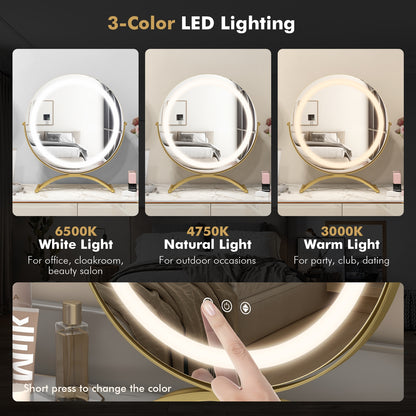 16 Inch Round LED Makeup Vanity Mirror with 3-Color Lighting, Dimmable Brightness, and Touch Controls – Golden