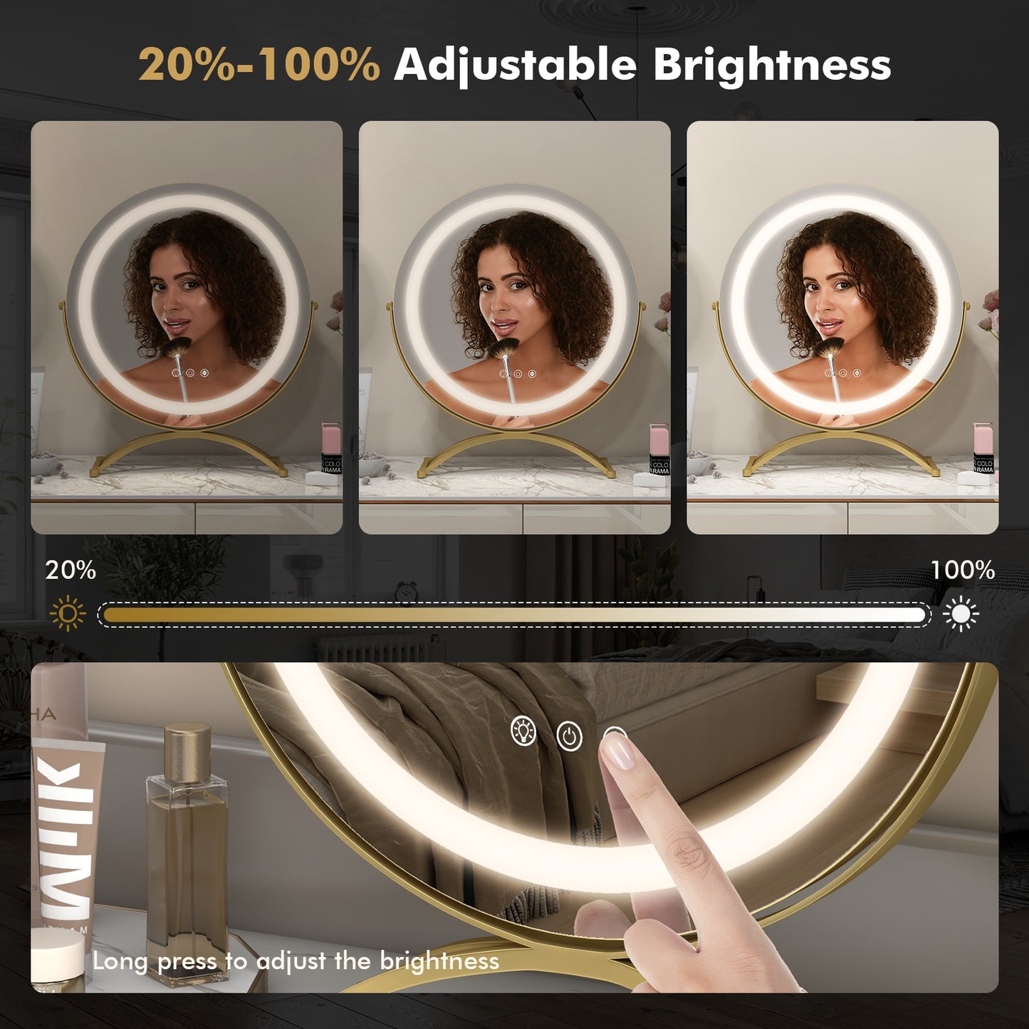 16 Inch Round LED Makeup Vanity Mirror with 3-Color Lighting, Dimmable Brightness, and Touch Controls – Golden