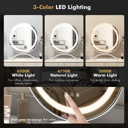 16 Inch Round LED Makeup Vanity Mirror with 3-Color Lighting, Dimmable Brightness, and Touch Controls – White