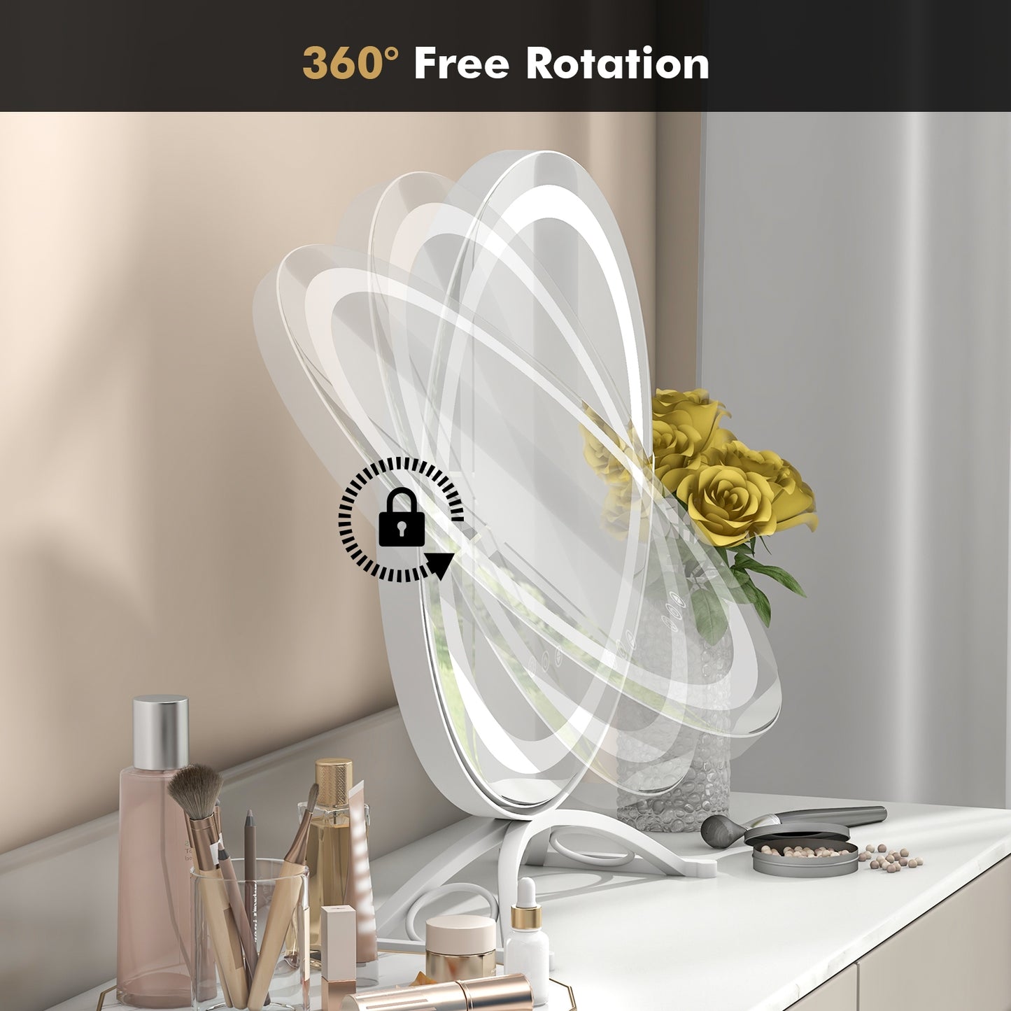 16 Inch Round LED Makeup Vanity Mirror with 3-Color Lighting, Dimmable Brightness, and Touch Controls – White
