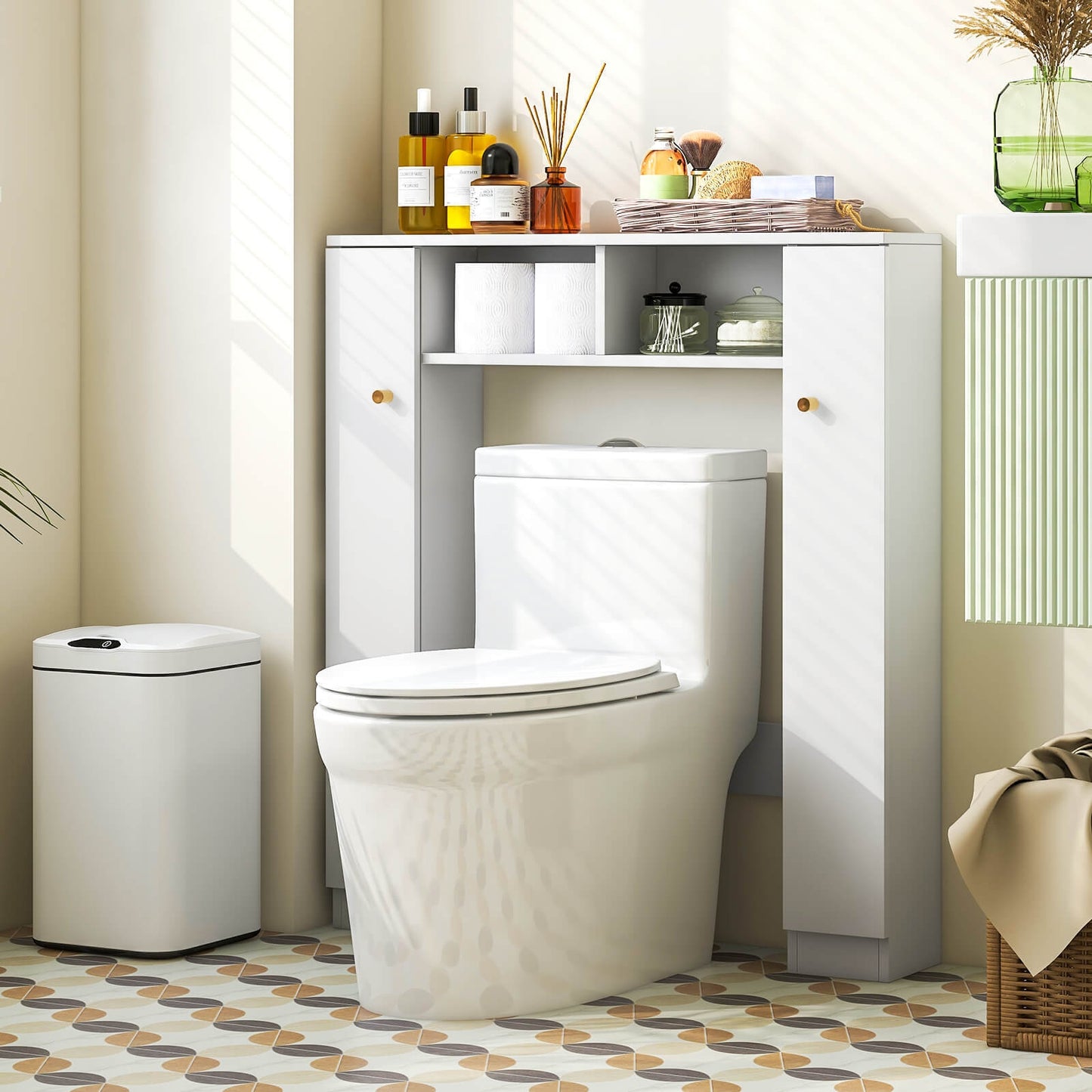 Over-The-Toilet Cabinet with Adjustable Shelves & Open Storage Compartments