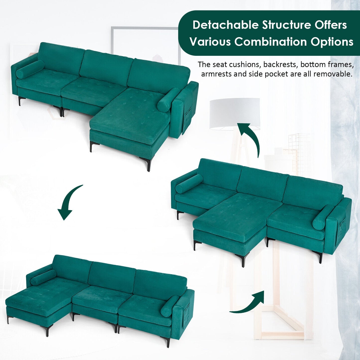 Modular L Shaped Sectional Sofa with Reversible Chaise USB Charging Ports and Hidden Storage in Teal