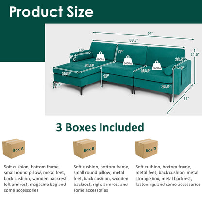 Modular L Shaped Sectional Sofa with Reversible Chaise USB Charging Ports and Hidden Storage in Teal