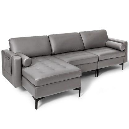 Modular L Shaped Sectional Sofa with Reversible Chaise USB Charging Ports and Hidden Storage in Light Grey