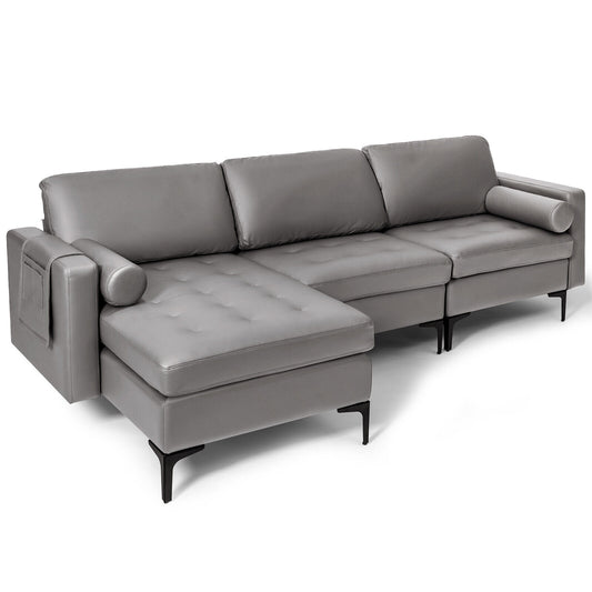 Modular L Shaped Sectional Sofa with Reversible Chaise USB Charging Ports and Hidden Storage in Light Grey