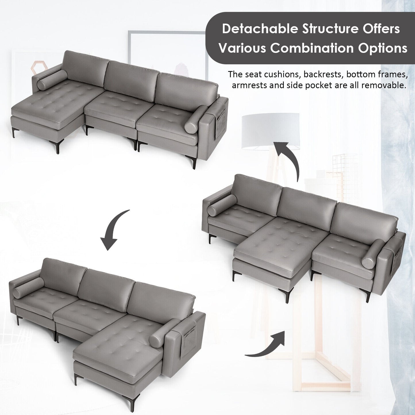 Modular L Shaped Sectional Sofa with Reversible Chaise USB Charging Ports and Hidden Storage in Light Grey