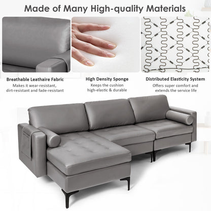 Modular L Shaped Sectional Sofa with Reversible Chaise USB Charging Ports and Hidden Storage in Light Grey