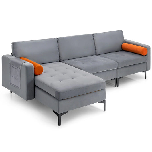 Modular L Shaped Sectional Sofa with Reversible Chaise USB Charging Ports and Hidden Storage in Grey