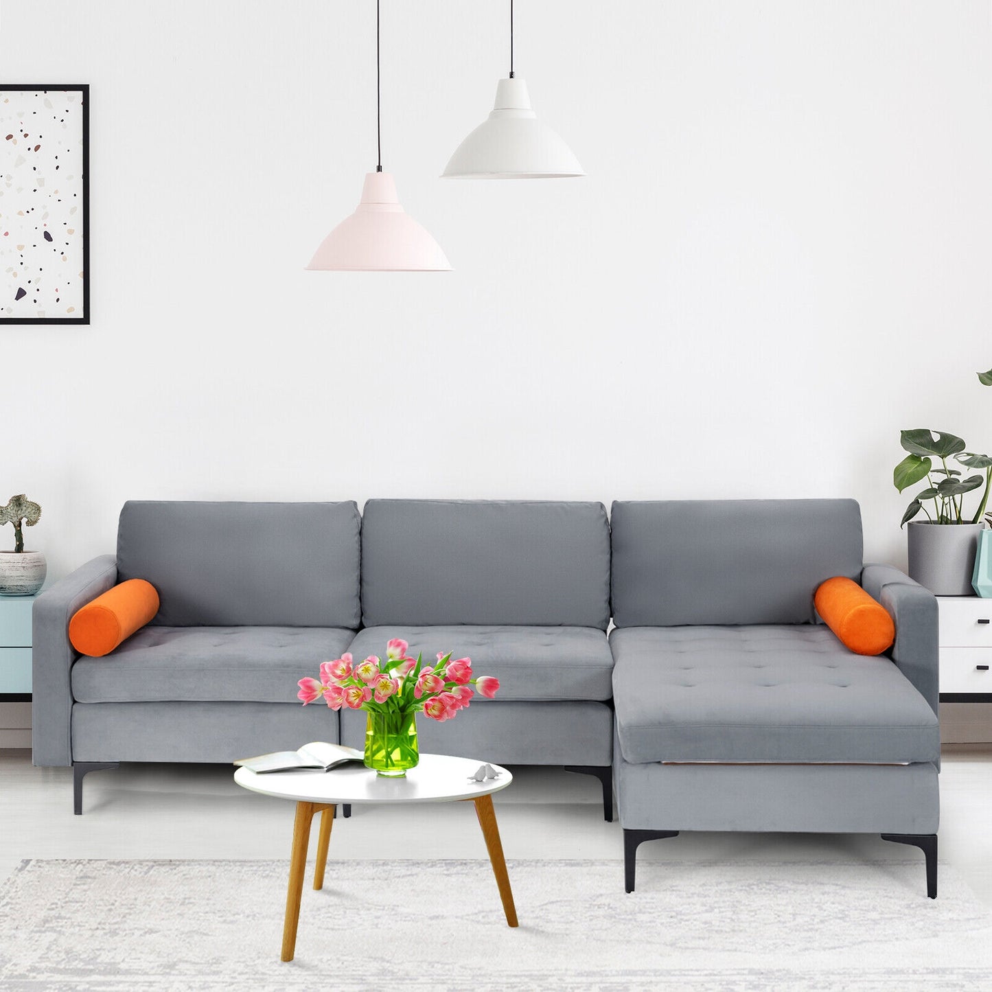 Modular L Shaped Sectional Sofa with Reversible Chaise USB Charging Ports and Hidden Storage in Grey