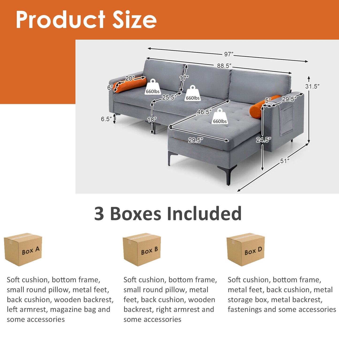 Modular L Shaped Sectional Sofa with Reversible Chaise USB Charging Ports and Hidden Storage in Grey