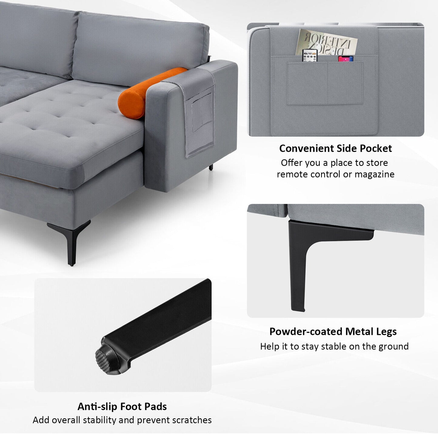 Modular L Shaped Sectional Sofa with Reversible Chaise USB Charging Ports and Hidden Storage in Grey