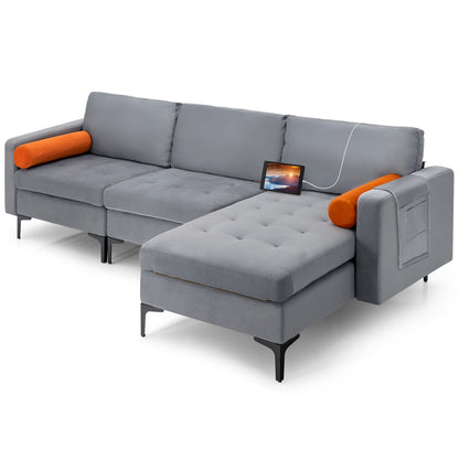 Modular L Shaped Sectional Sofa with Reversible Chaise USB Charging Ports and Hidden Storage in Grey