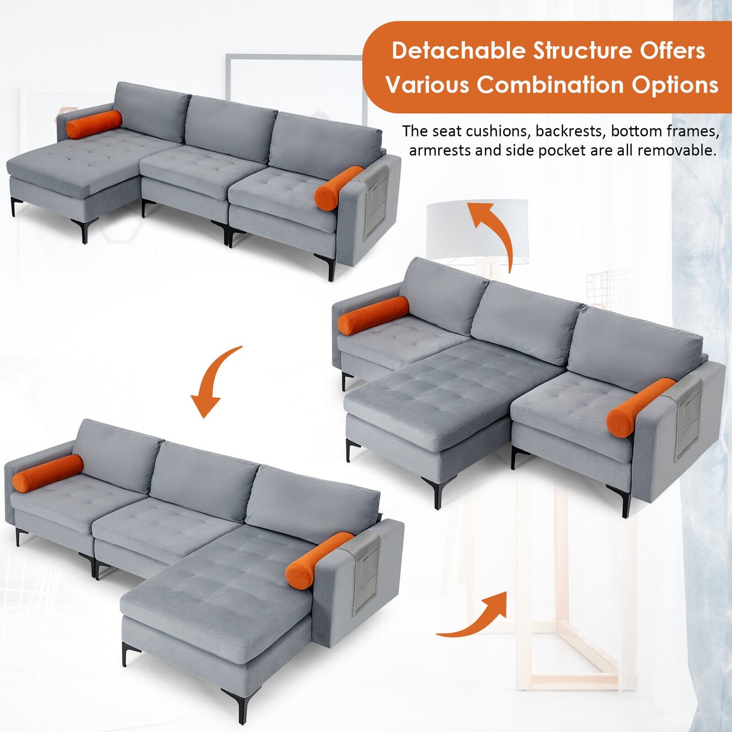 Modular L Shaped Sectional Sofa with Reversible Chaise USB Charging Ports and Hidden Storage in Grey