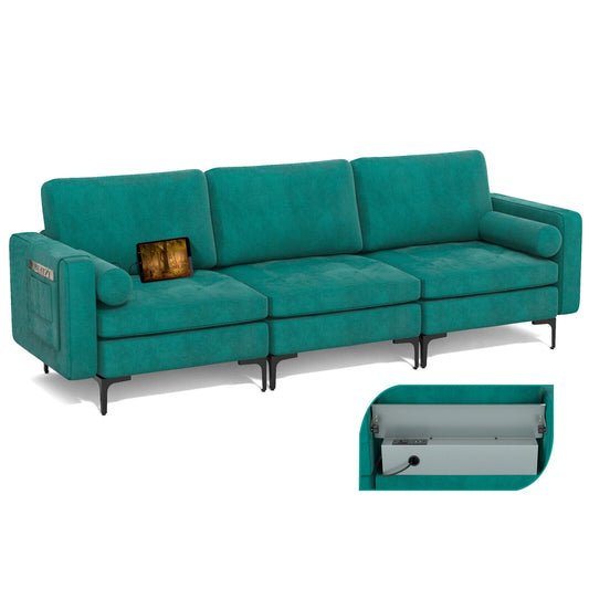 Modular 3-Seat Sofa Couch with USB Ports, Power Outlet and Storage Pocket in Teal