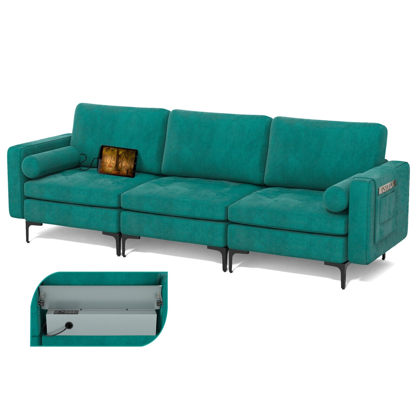 Modular 3-Seat Sofa Couch with USB Ports, Power Outlet and Storage Pocket in Teal
