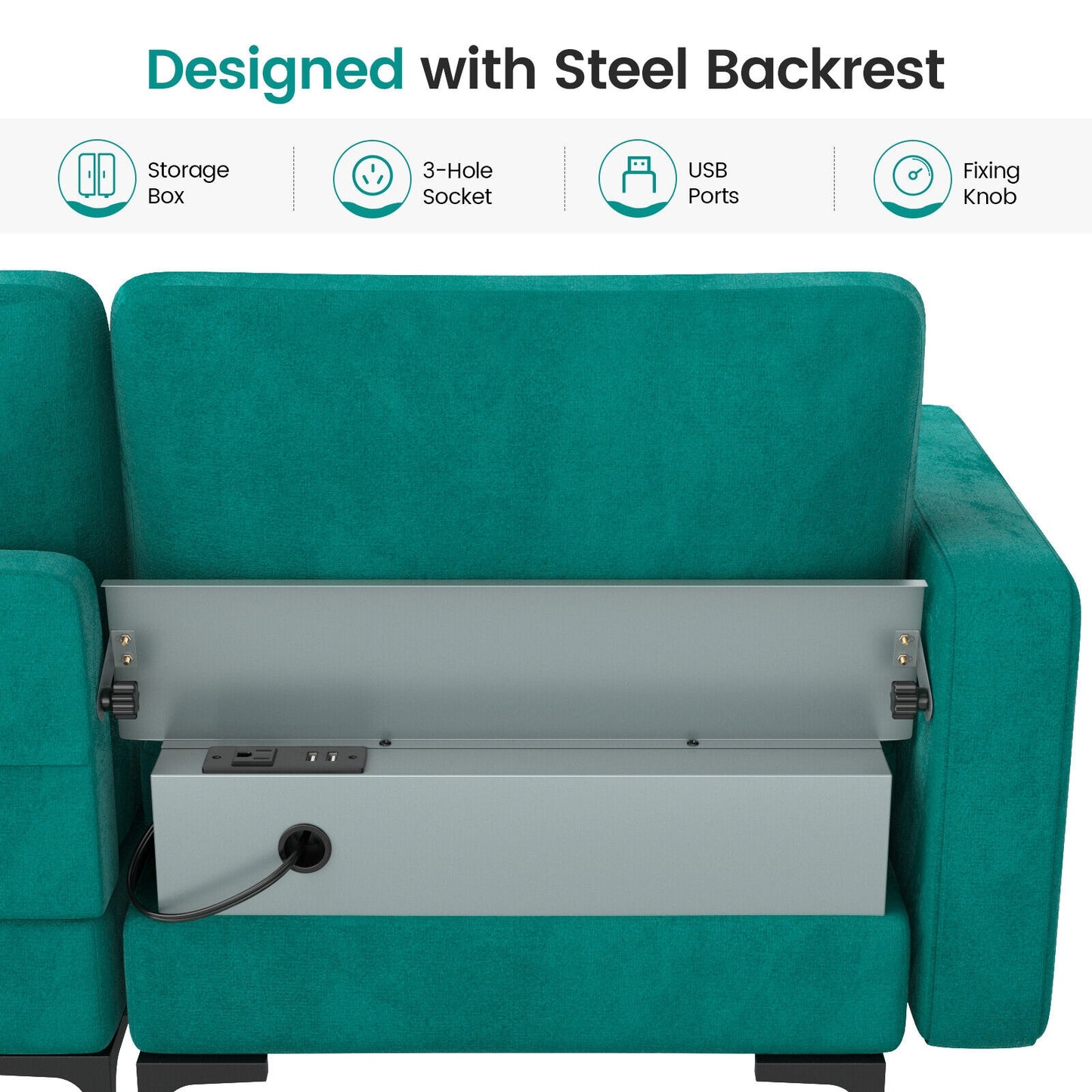 Modular 3-Seat Sofa Couch with USB Ports, Power Outlet and Storage Pocket in Teal