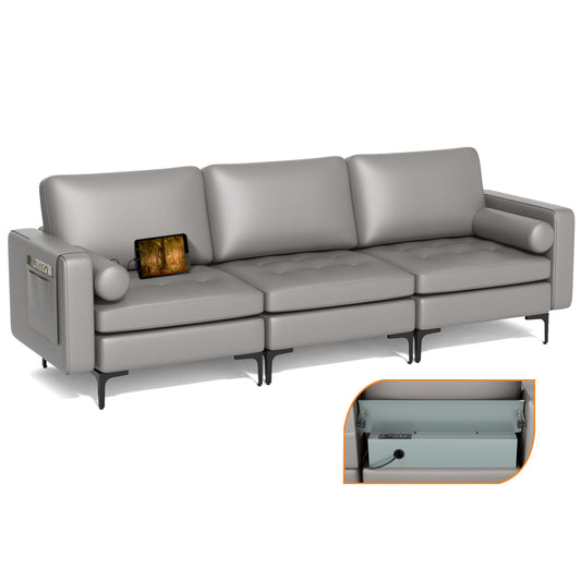 Modular 3-Seat Sofa Couch with USB Ports, Power Outlet and Storage Pocket in Light Grey