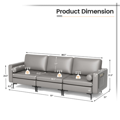Modular 3-Seat Sofa Couch with USB Ports, Power Outlet and Storage Pocket in Light Grey