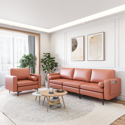 Modular 3-Seat Sofa Couch with USB Ports, Power Outlet and Storage Pocket in Pink