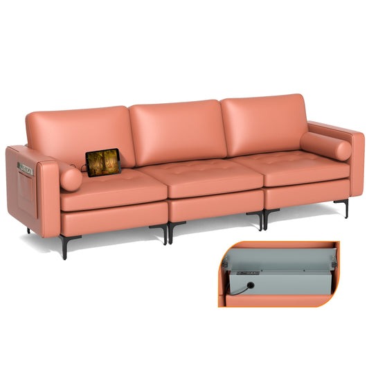 Modular 3-Seat Sofa Couch with USB Ports, Power Outlet and Storage Pocket in Pink