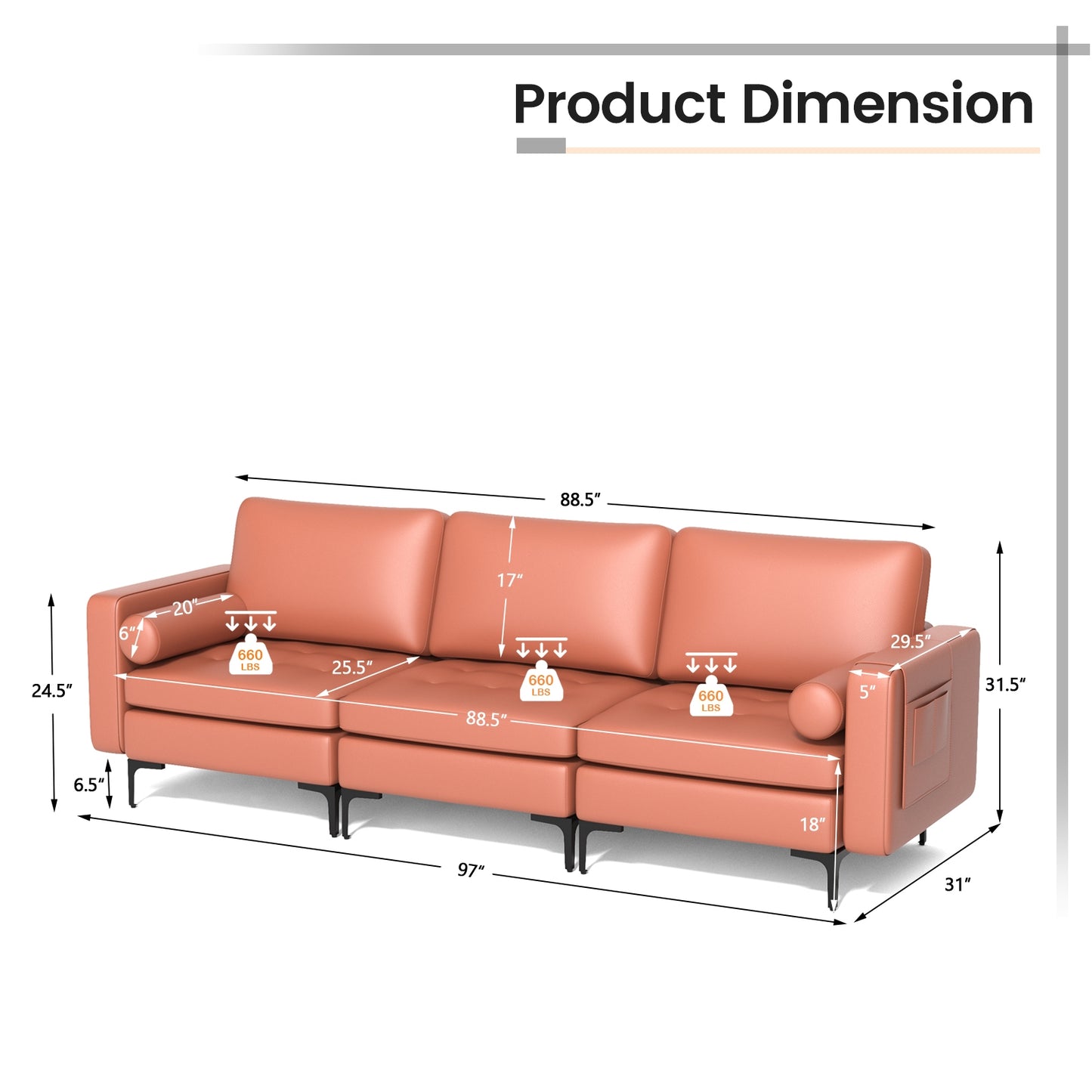 Modular 3-Seat Sofa Couch with USB Ports, Power Outlet and Storage Pocket in Pink