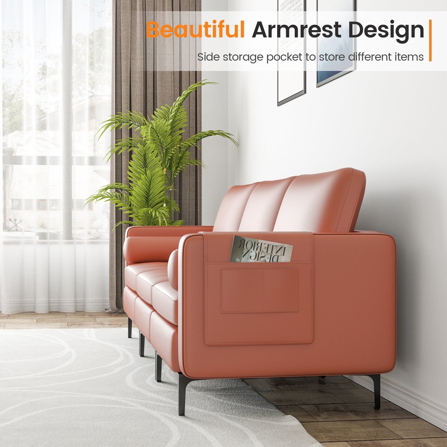 Modular 3-Seat Sofa Couch with USB Ports, Power Outlet and Storage Pocket in Pink