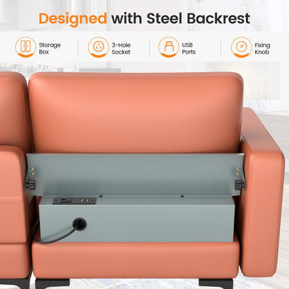 Modular 3-Seat Sofa Couch with USB Ports, Power Outlet and Storage Pocket in Pink