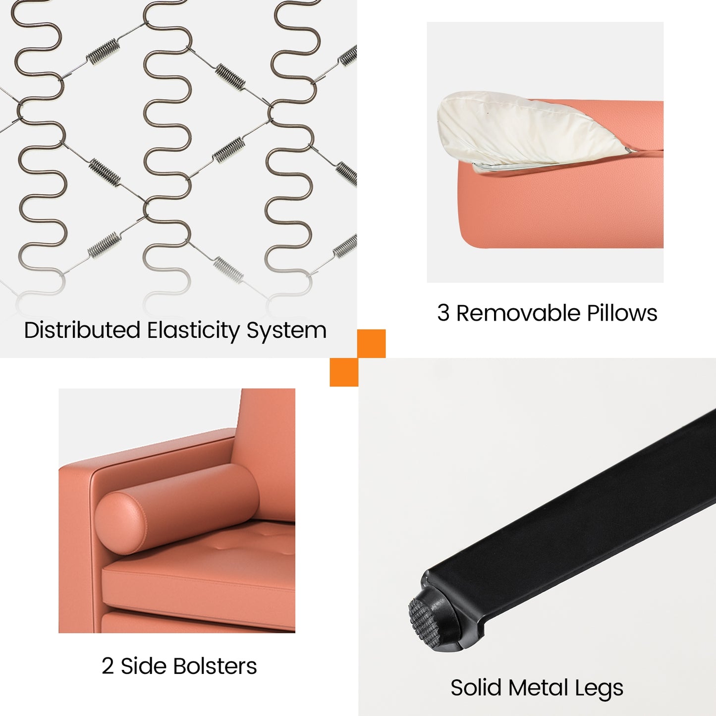 Modular 3-Seat Sofa Couch with USB Ports, Power Outlet and Storage Pocket in Pink