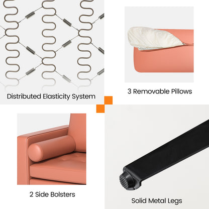 Modular 3-Seat Sofa Couch with USB Ports, Power Outlet and Storage Pocket in Pink