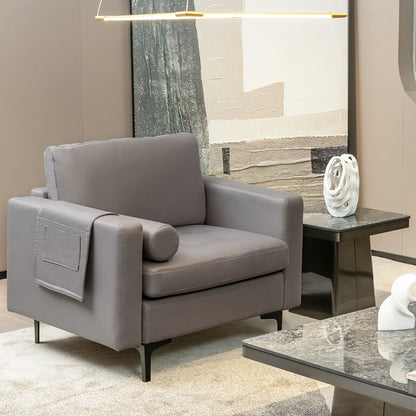 Contemporary Upholstered Accent Chair with Removable Bolster Pillow and Side Storage Pocket in Light Grey