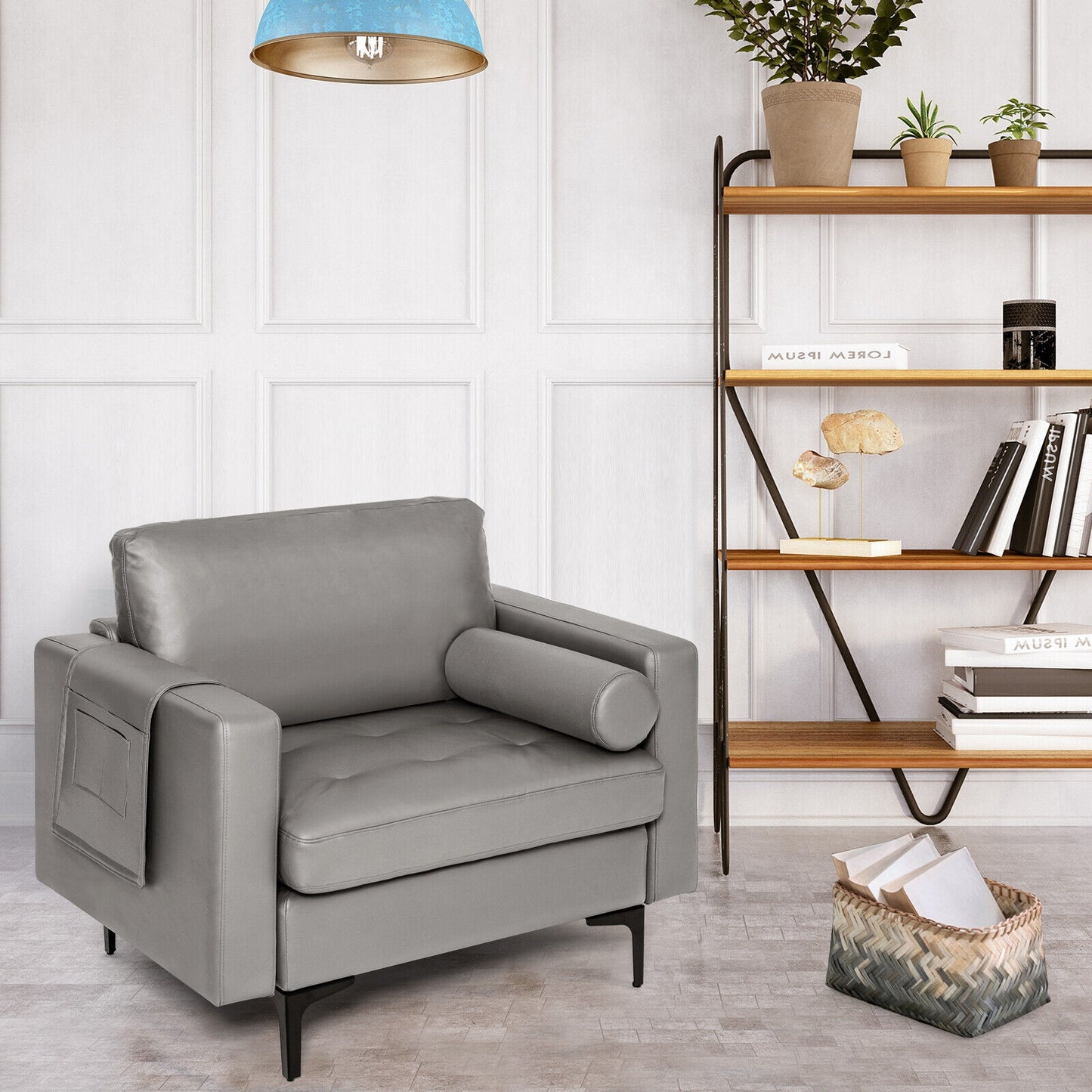 Contemporary Upholstered Accent Chair with Removable Bolster Pillow and Side Storage Pocket in Light Grey