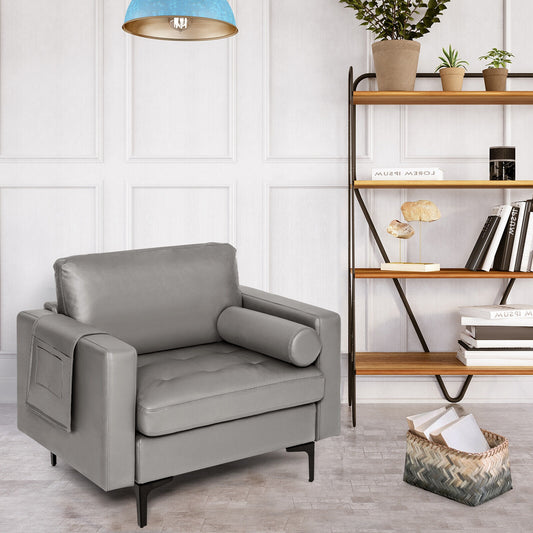 Contemporary Upholstered Accent Chair with Removable Bolster Pillow and Side Storage Pocket in Light Grey