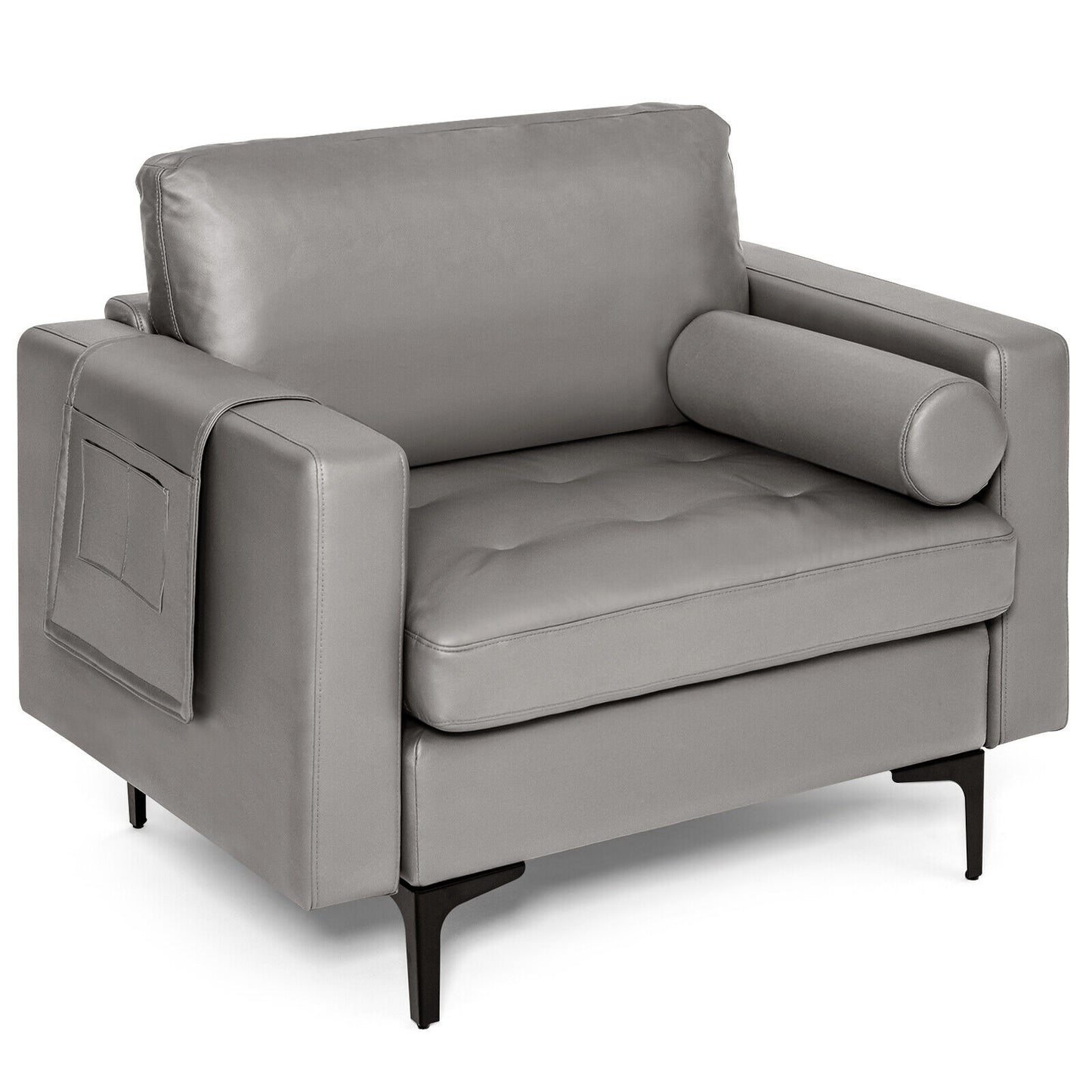 Contemporary Upholstered Accent Chair with Removable Bolster Pillow and Side Storage Pocket in Light Grey