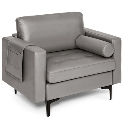 Contemporary Upholstered Accent Chair with Removable Bolster Pillow and Side Storage Pocket in Light Grey