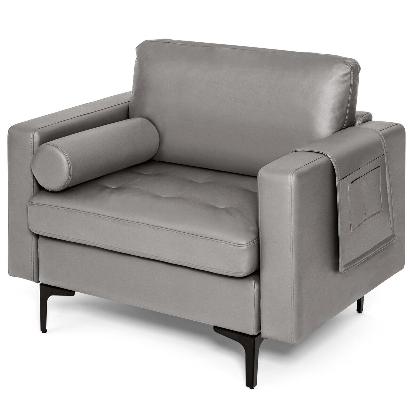 Contemporary Upholstered Accent Chair with Removable Bolster Pillow and Side Storage Pocket in Light Grey