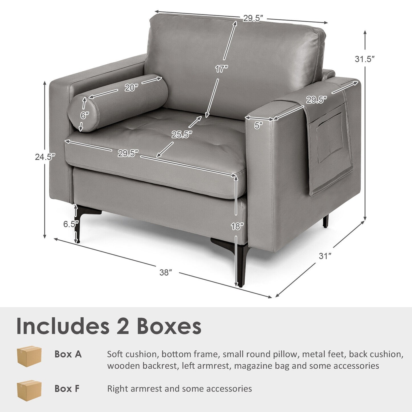 Contemporary Upholstered Accent Chair with Removable Bolster Pillow and Side Storage Pocket in Light Grey