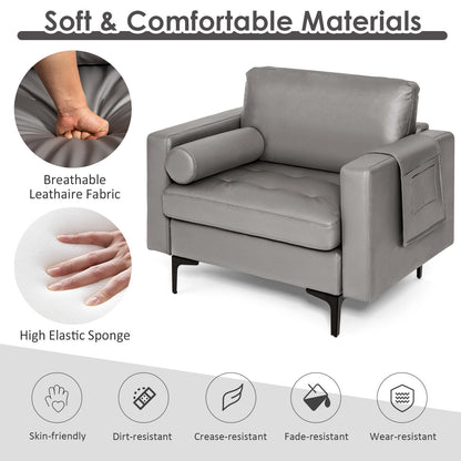 Contemporary Upholstered Accent Chair with Removable Bolster Pillow and Side Storage Pocket in Light Grey