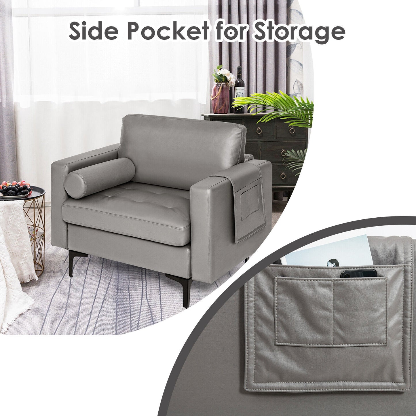Contemporary Upholstered Accent Chair with Removable Bolster Pillow and Side Storage Pocket in Light Grey