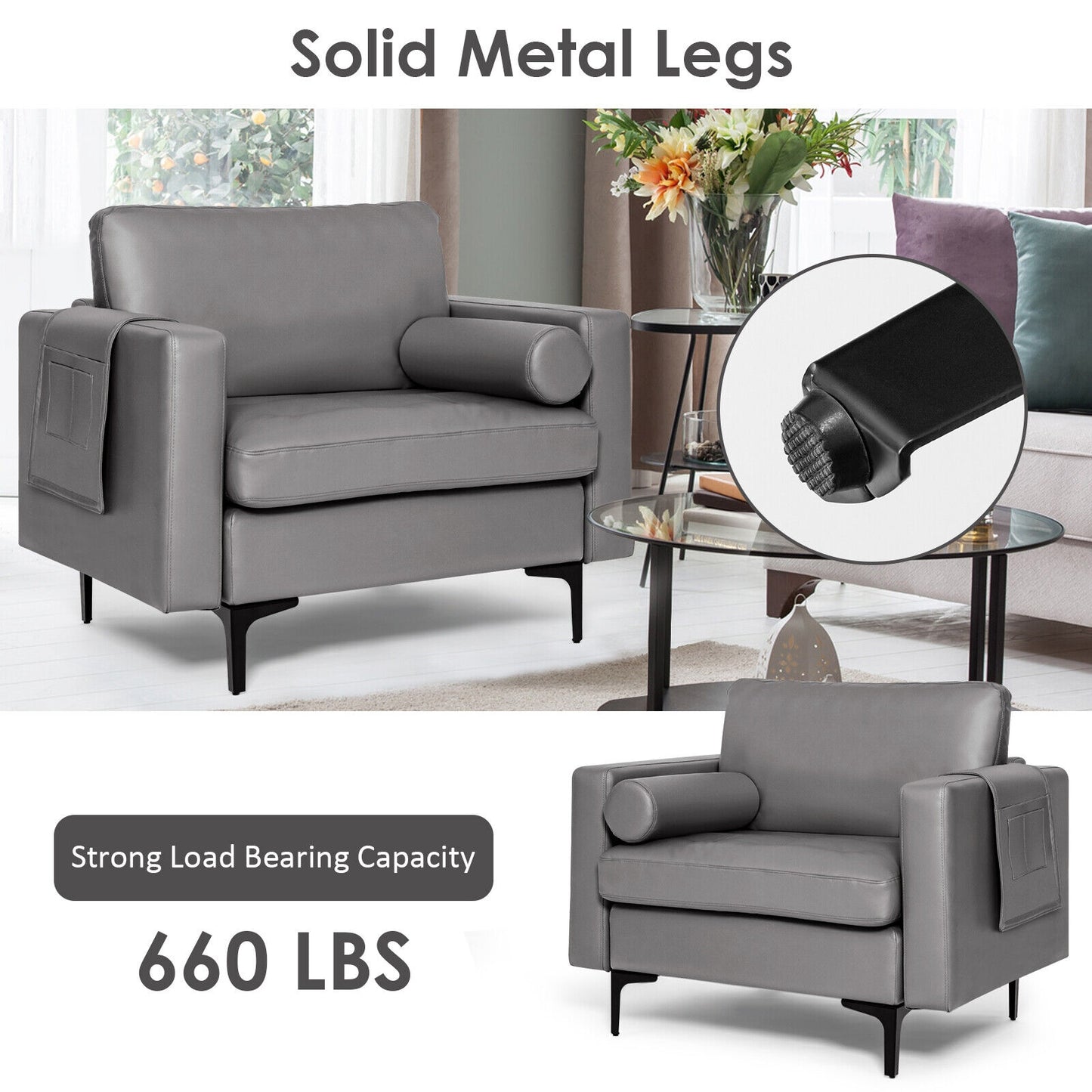 Contemporary Upholstered Accent Chair with Removable Bolster Pillow and Side Storage Pocket in Light Grey