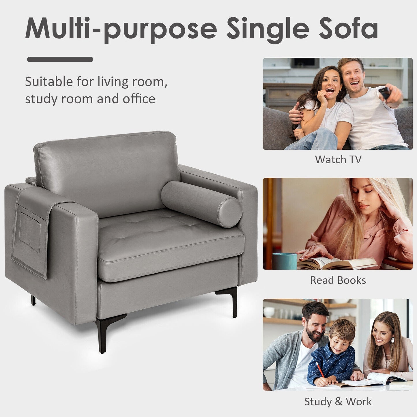 Contemporary Upholstered Accent Chair with Removable Bolster Pillow and Side Storage Pocket in Light Grey